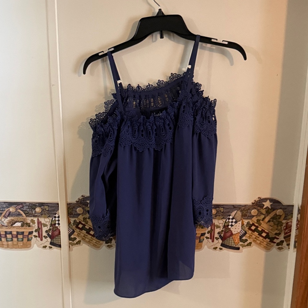 by & by Navy Lace Cold Shoulder Blouse